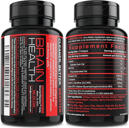 Smarter Brain Support Nootropic Supplement, Brain Booster & Memory Support, Made with Alpha-GPC, L-Tyrosine & Acetyl L-Carnitine ALCAR, Flaxseed Oil, ALA DHA Brain Booster 60 Softgel Energy Pills