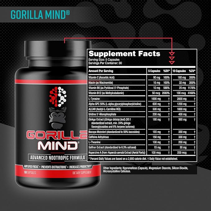 Gorilla Mind Nootropic Formula (150 Capsules) - Best Caffeinated Productivity Supplement / 8+ Hours of Focus and Energy