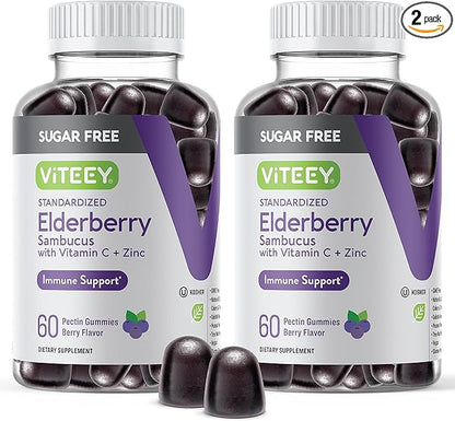 Sambucus Elderberry Gummies for Adults & Teens + Zinc & Vitamin C - Sugar Free - Immune Support & Booster Herbal Supplement - Vegan, Gluten Free, Gelatin Free, GMO Free, Chewable Berry Flavored Gummy