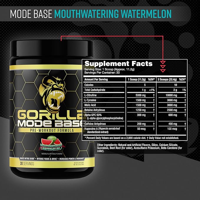 Gorilla Mode Base Pre Workout - Raises Nitric Oxide · Intense Focus & Drive · Endurance · Power - L-Citrulline, L-Tyrosine, Betaine, Alpha-GPC, Caffeine, Huperzine A - 360 Grams (Watermelon)