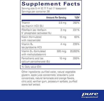 Pure Encapsulations B-Complex Liquid - Liquid Vitamin B Complex - for Nerve & Energy Metabolism* - Gluten Free & Vegetarian - 4.73 oz (140 mL)