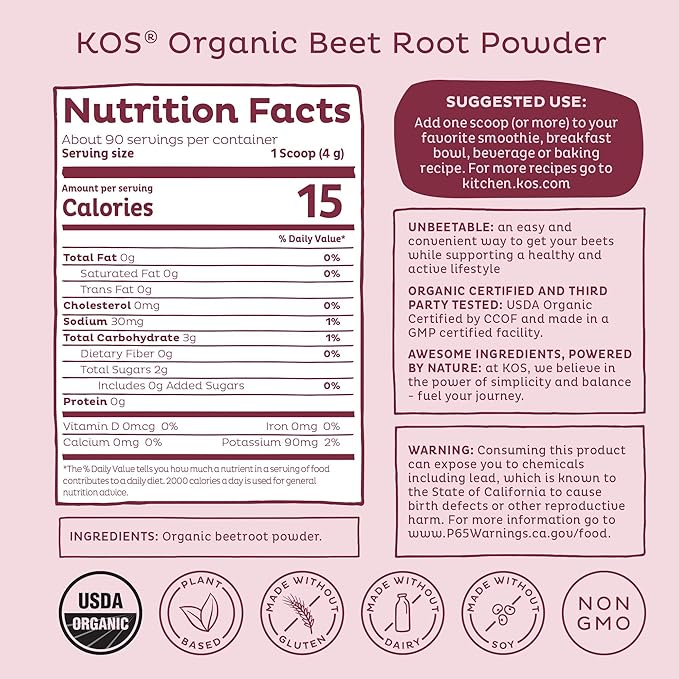KOS Organic Beet Root Powder - USDA Certified, Non-GMO, Gluten & Soy Free - 90 Servings