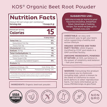 KOS Organic Beet Root Powder - USDA Certified, Non-GMO, Gluten & Soy Free - 90 Servings