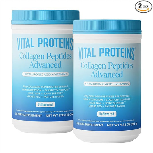 Vital Proteins Grass Fed Collagen Peptides with Hyaluronic Acid and Vitamin C, Shrink-Wrapped 9.33oz Bundle, Hydrolyzed Collagen - 20g per Serving - Unflavored 9.33oz Canister Pack of 2