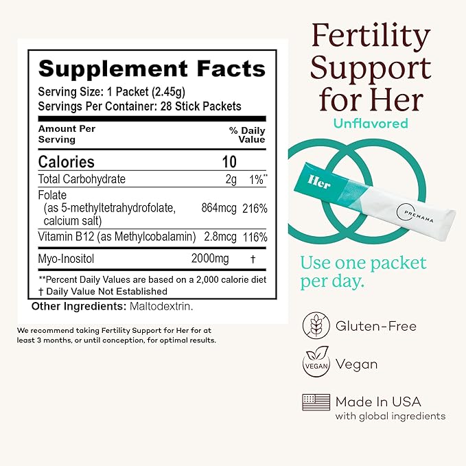 Premama Fertility Support for Her Powder Packets, Multivitamin Supplement To Support Normal Ovulatory Function and Egg Quality, Gluten-Free, Vegan, Unflavored, 28 Single-Serve Packets