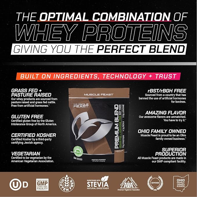 Muscle Feast Premium Blend All Natural Hormone Free Grass-Fed Whey Protein Powder, Chocolate, 2lb