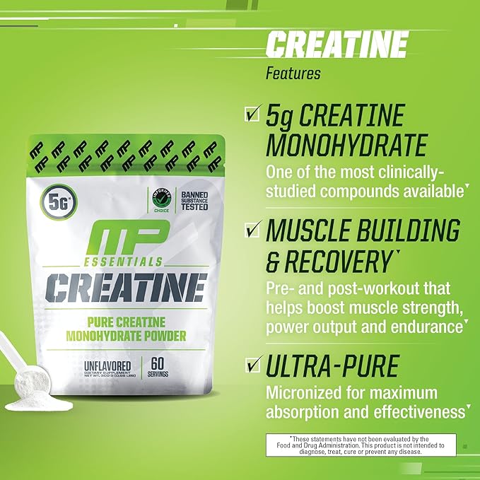 MusclePharm Essentials Creatine Monohydrate Powder, Pre Workout Muscle Builder & Post Workout Muscle Recovery Supplement, Ultra-Pure 100% Monohydrate Creatine Powder, 60 Servings, Unflavored
