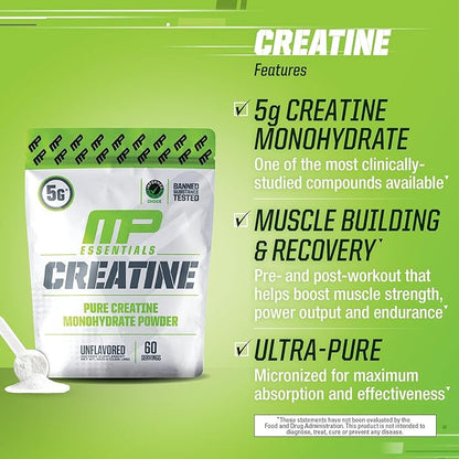 MusclePharm Essentials Creatine Monohydrate Powder, Pre Workout Muscle Builder & Post Workout Muscle Recovery Supplement, Ultra-Pure 100% Monohydrate Creatine Powder, 60 Servings, Unflavored