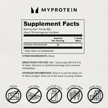 Myprotein - Creatine Monohydrate Powder Bag 1.1 lbs- Pure Unflavored Creatine Powder - Post/Pre Workout Supplement for All Sports and Exercises - Gluten Free, Vegan, Dissolves Easy - (100 Servings)