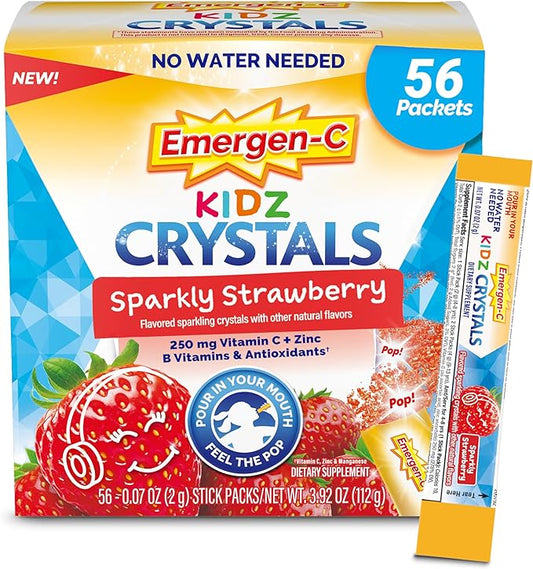 Emergen-C Kidz Crystals, Stocking Stuffer, On-the-Go Emergen-C Immune Support Supplement with Vitamin C, B Vitamins, Zinc and Manganese, Sparkly Strawberry - 56 Stick Packs