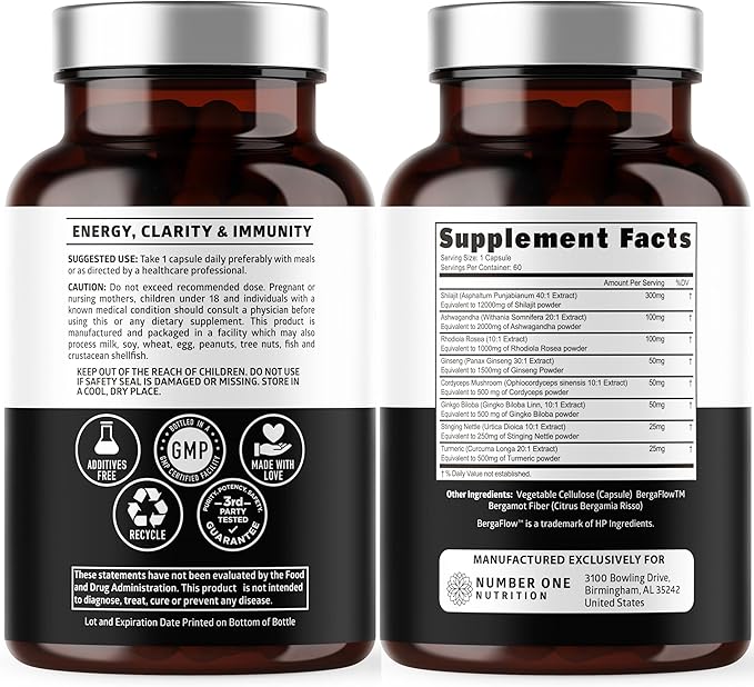 Pure Himalayan Shilajit for Women and Men 18250MG [50% Fulvic Acid] Better than Resin with Ashwagandha, Ginseng, Turmeric, Gingko Biloba, Stinging Nettle, Cordyceps to Support Energy & Stamina, 60Caps