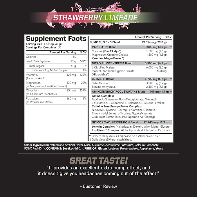 PMD Sports Ultra Pump Fuel Caffeine Free - Pre Workout Drink Mix - Energy, Strength, Endurance, Recovery Complex Carbohydrates and Amino Energy - Strawberry Limeade (30 Servings)