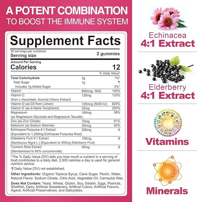 Multivitamin Gummies Daily Immunity Booster, Natural Herbal Elderberry, Echinacea, Turmeric, Vitamin A C, D3 5000IU, E, Zinc, Selenium, Magnesium Support Respiratory, Cellular & Bone Health, 1 Pack