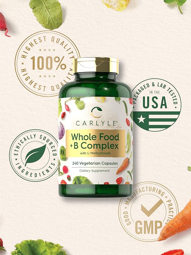 Carlyle B Complex with Whole Food Blend Formula | 240 Capsules | Plus L-Methylfolate | Non-GMO & Vegetarian Supplement