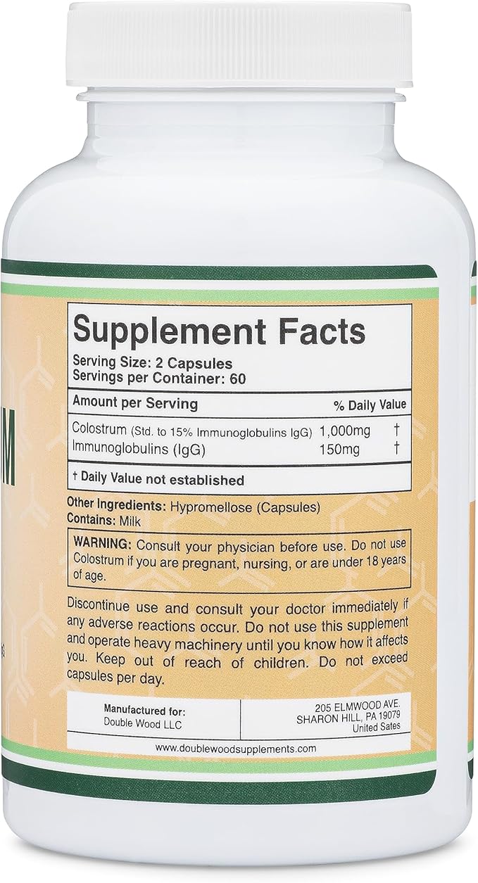 Colostrum Supplement 120 Capsules, 1,000mg per Serving (Bovine Colostrum Powder from First Milking Only, Std. to Contain 15% IgG Immunoglobulins) No Fillers, Third Party Tested by Double Wood