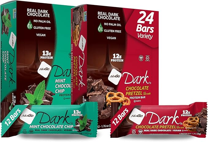 NuGo Dark Variety - Chocolate Pretzel 12 Bars & Mint Chocolate Chip 12 Bars, 12-13g Protein, Vegan, Gluten Free, Non-GMO, Kosher Pareve, 24 Count