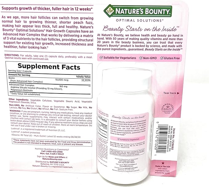 Nature's Bounty Hair Growth Supplement, 1 Per Day, Clinically Shown to Support Thicker, Fuller Hair, with Biotin, Silicon & Arginine, 90 Capsules