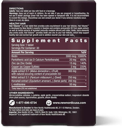 New Nordic Hair Volume Tablets, 3000 mcg Biotin & Biopectin Apple Extract, Hair Vitamins to Support Natural Hair Growth for Thicker, Fuller Hair, for Men and Women, 30 Count (Pack of 1)