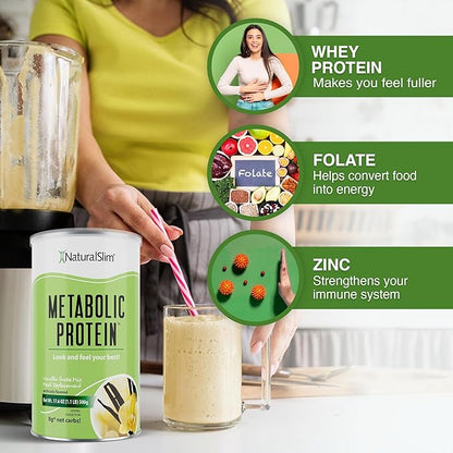 NaturalSlim Metabolic Whey Protein Powder Vanilla – Low Carb, Meal Replacement Shake w/Vitamins, Minerals & Amino Acid L-Glutamine | Great Taste and Very Filling Protein Shake, 10 Servings, 17.6oz