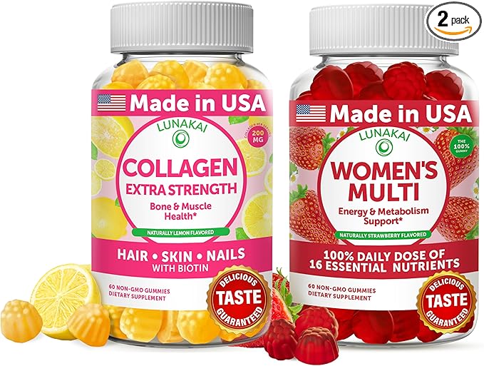 Lunakai Collagen and Women's Multivitamin Gummies Bundle - Non-GMO Anti Aging Supplements with Biotin, Zinc, Vitamin C and E - 100% Daily Value of 16 Essential Vitamins and Minerals - 30 Days Supply