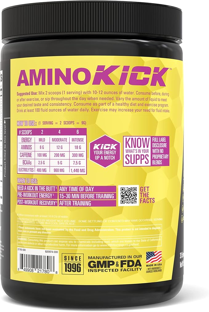 NutraBio Amino Kick - Amino Acid Energy Formula - BCAA's, Electrolytes for Hydration, Natural Caffeine- 30 Servings(Pineapple Passionfruit)