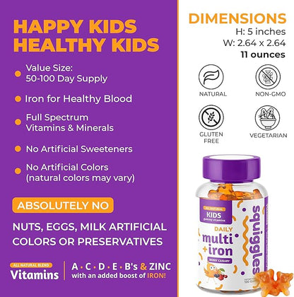 Squiggles Kids Multivitamin + Iron Gummies 100ct. | All-Natural, Low Sugar, and Super Yummy | Broad Spectrum of Vitamins and Minerals with a Boost of Iron.