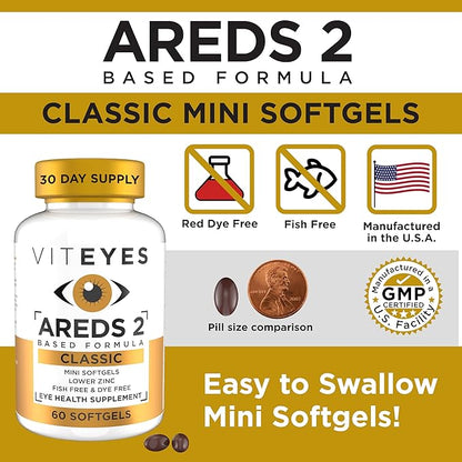 Viteyes AREDS 2 Classic Macular Health Formula Softgels, Eye Health Vitamin for Vision Protection, Lower Zinc, Eye Vitamins, Macular Vitamins, Beta-Carotene Free, 60 Softgels