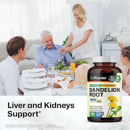 BIO KRAUTER Dandelion Root Capsules - 1800 mg Strength - 250 Count - Dandelion Root Supplement - Vegan Dandelion Powder Capsules for Digestion, Liver Support, Cleansing and Immunity