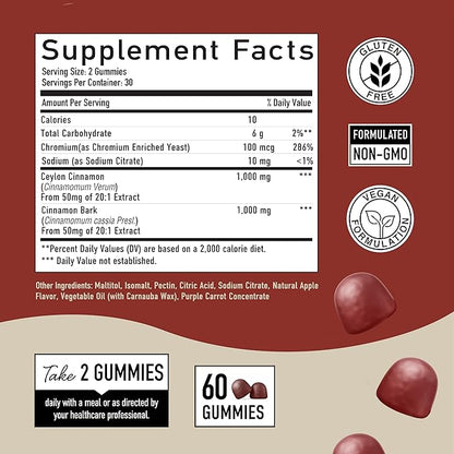 Sugar-Free Cinnamon Gummies 2000MG with Ceylon Cinnamon & Cassia Complex | Sugar-Free Lifestyle Supplement & Guilt-Free Cinnamon Apple Flavor with Chromium | Vegan, Non-GMO, Gluten-Free | 60 Gummies