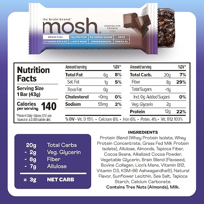 MOSH Variety Pack Keto Protein Bars, High Fiber, Low Carb, Gluten Free, High Protein, Brain Healthy Snack with Ashwagandha, Lion's Mane, 15 Count