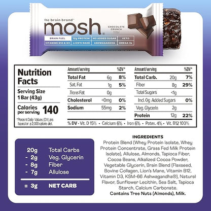 MOSH Variety Pack Keto Protein Bars, High Fiber, Low Carb, Gluten Free, High Protein, Brain Healthy Snack with Ashwagandha, Lion's Mane, 15 Count