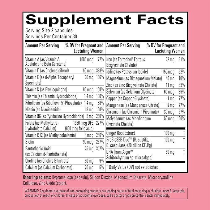 Hyland's Easy Morning Prenatal Multivitamin + Digestive Health & Morning Sickness Relief - 60 Vegan Capsules - with Folate, Choline, Zinc, Ginger Root, Prebiotics and Algae DHA (Pack of 2)