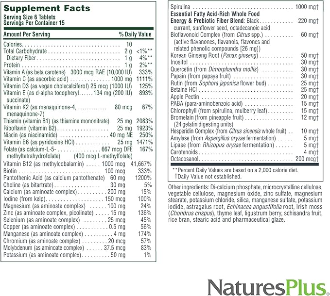 Natures Plus Source of Life Mini-Tabs No Iron - 90 Vegetarian Mini Tablets - Easy to Swallow Natural Whole Food Multivitamin & Mineral Supplement for Health & Energy - 15 Servings