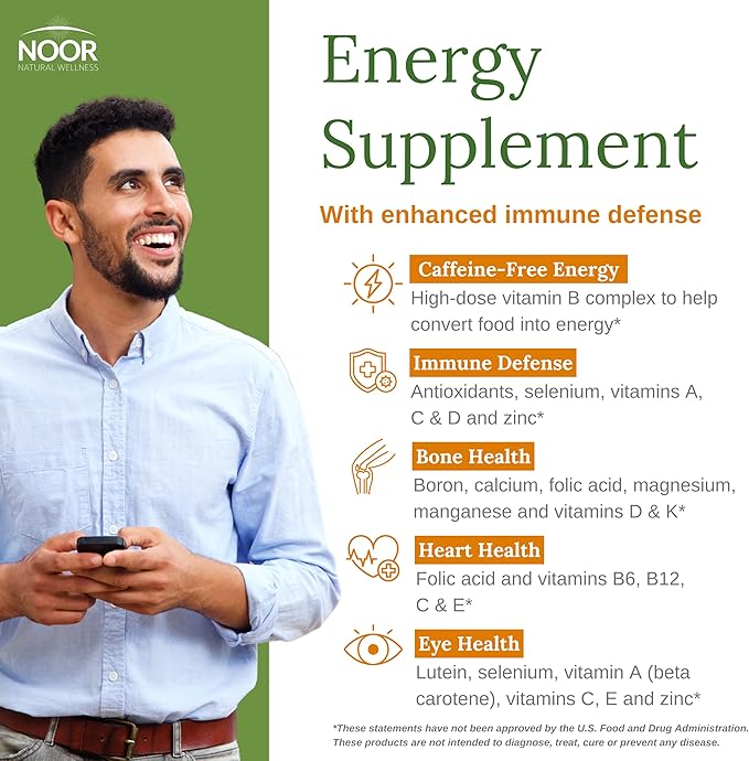 Noor Vitamins Energy+ Multivitamin; Halal Vitamin for Energy Production & Immunity, 26 Vitamins & Minerals, Black Seed, Dates, Honey, for Men & Women. Gelatin Free, 2 Month Supply