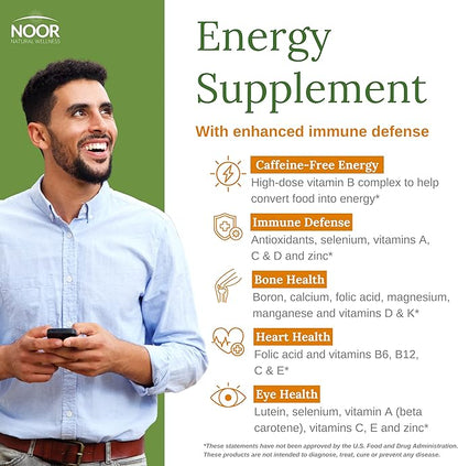 Noor Vitamins Energy+ Multivitamin; Halal Vitamin for Energy Production & Immunity, 26 Vitamins & Minerals, Black Seed, Dates, Honey, for Men & Women. Gelatin Free, 2 Month Supply