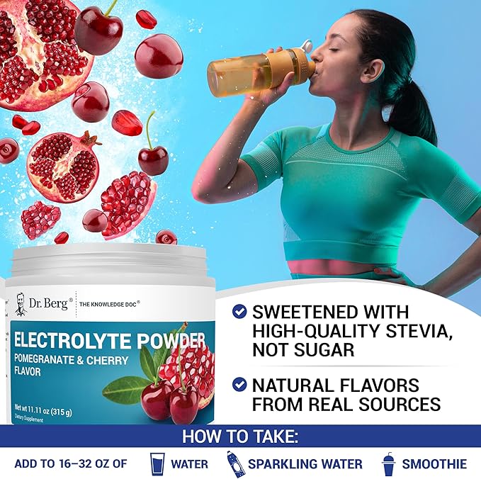Dr. Berg Zero Sugar Hydration Keto Electrolyte Powder - Enhanced w/ 1000 mg of Potassium & Real Pink Himalayan Salt (NOT Table Salt) - Pomegranate and Cherry Hydration Drink Supplement - 50 Servings