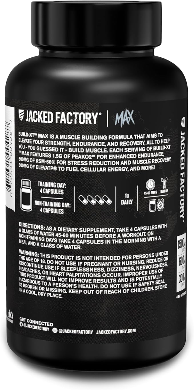 Jacked Factory Build-XT Max Muscle Builder for Men and Women - ATP Supplement with Peak02 Cordyceps, KSM-66 Ashwagandha, & ElevATP for Muscle Recovery, Muscle Growth, Increased Endurance - 120 Count