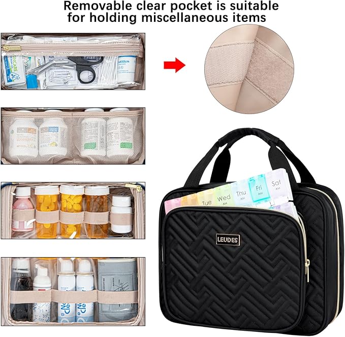 Leudes Travel Pill Bottle Organizer,Medicine Organizer and Storage,Home Medication Bag, Cases,Carrier for Pills,Vitamin,Fish Oil,Supplements for Women and Men (Large, Black)