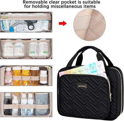 Leudes Travel Pill Bottle Organizer,Medicine Organizer and Storage,Home Medication Bag, Cases,Carrier for Pills,Vitamin,Fish Oil,Supplements for Women and Men (Large, Black)