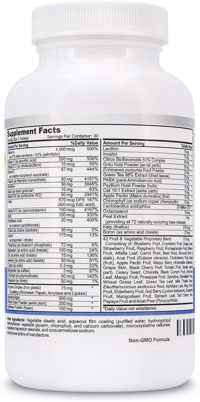 Vegan Whole Food Multivitamin & Mineral - Vitamins A B1 B2 B6 B12 C D3 E & 110 Super Foods, Herbs, Greens & Reds - Enzymes & Probiotics for Immune Support - Energy Boost - 90 Tablets