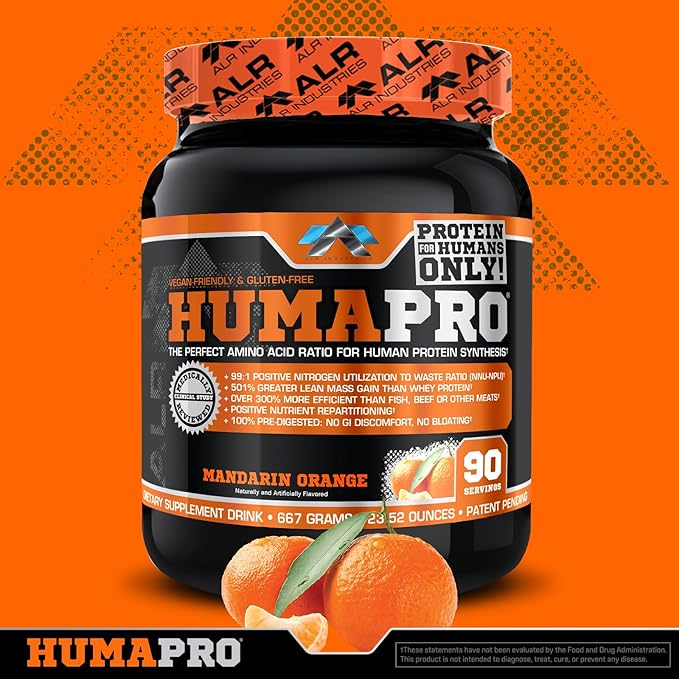 Humapro | Amino Acids Protein Matrix for Humans | 99% Utilization for Lean Muscle | Vegan, Gluten Free | 667g / 90 Servings (Mandarin Orange)