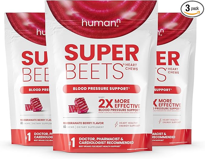 humanN SuperBeets Heart Chews, Nitric Oxide and Blood Pressure Support, Grape Seed Extract & Non-GMO Beet Root Powder Energy Chew, Pomegranate Berry Flavor, 180 Count
