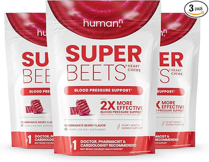 humanN SuperBeets Heart Chews, Nitric Oxide and Blood Pressure Support, Grape Seed Extract & Non-GMO Beet Root Powder Energy Chew, Pomegranate Berry Flavor, 180 Count