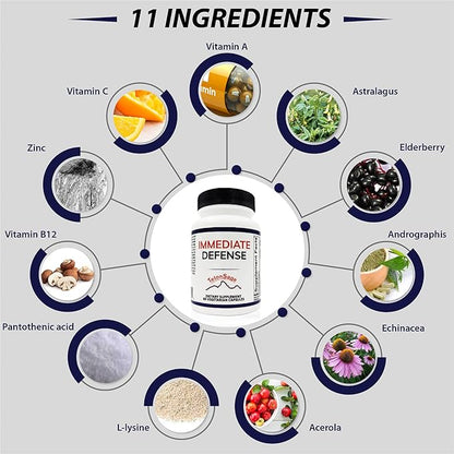 Immediate Defense Immune Support - Zinc, Black Elderberry, Echinacea, Vitamin A & C with B12, | Powerful Immunity Booster for Adults | Immune System Booster Supplement 60 Capsules