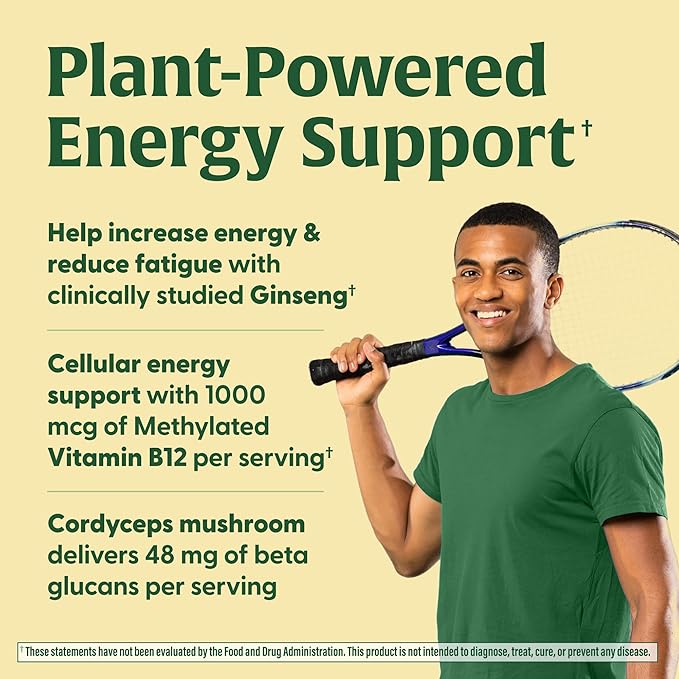 MegaFood Superfood Mushroom Energy Support - Cordyceps Mushroom Supplement with Methylated B12 Vitamins & Panax Ginseng - Doctor Formulated, Gluten-Free, Vegan - 60 Capsules, 30 Servings