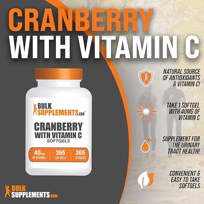 BulkSupplements.com Cranberry with Vitamin C Softgels - Cranberry Supplement & Vitamin C Supplement - 40mg of Vitamin C - Gluten Free, 1 Softgel per Serving, 365 Count (Pack of 1)