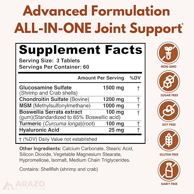 Arazo Nutrition Glucosamine Chondroitin Turmeric Msm Boswellia - Joint Support Supplement for Relief 180 Tablets for Bones, Back, Knees, Hands (180 Tablets)