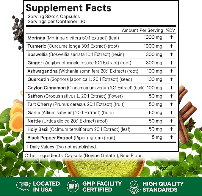 Turmeric Moringa Supplement | Ginger, Boswellia, Saffron, Holy Basil- Joint Support Supplement for Women and Men with Ceylon Cinnamon, Quercetin, Tart Cherry- 240 Count