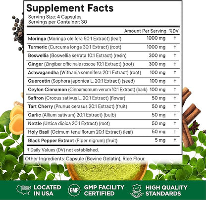 Turmeric Moringa Supplement | Ginger, Boswellia, Saffron, Holy Basil- Joint Support Supplement for Women and Men with Ceylon Cinnamon, Quercetin, Tart Cherry- 240 Count