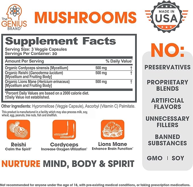 Genius Mushroom Supplement - Lions Mane, Cordyceps, Reishi - Brain Nootropic for Energy, Focus, Overall Wellness, & Immune Support - 90 Capsules